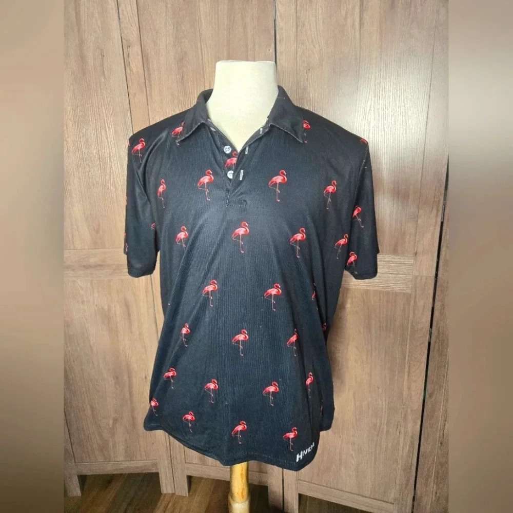 Mens golf Activewear black pink flamingo polo - Picture 1 of 11